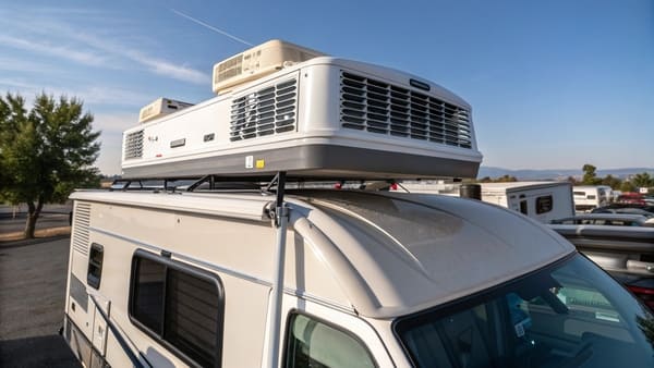 A modern RV with a rooftop air conditioner unit