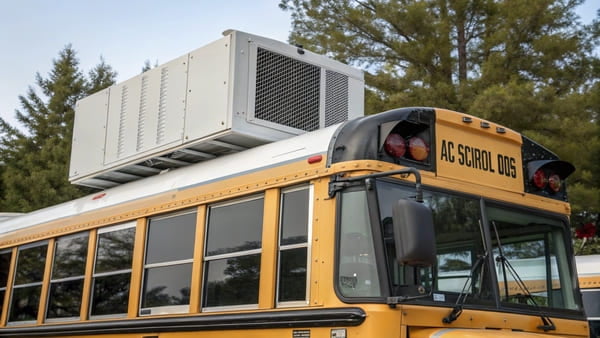 A rooftop AC unit being installed on a bus