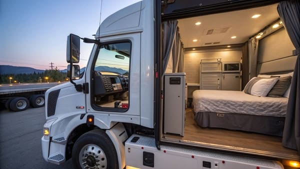 A truck driver relaxing comfortably inside their sleeper cab with the lights on.