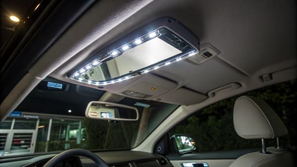 A person using a sun visor lighted mirror at night.