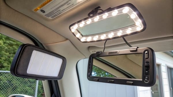 A comparison showing a small car sun visor mirror next to a large tabletop vanity mirror.