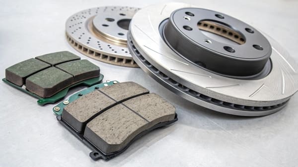 A set of four new ceramic brake pads displayed on a clean surface