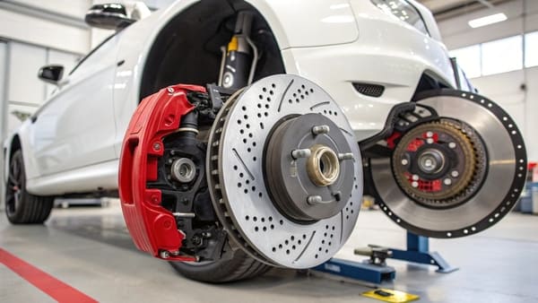comparison of a larger front brake rotor and a smaller rear brake rotor