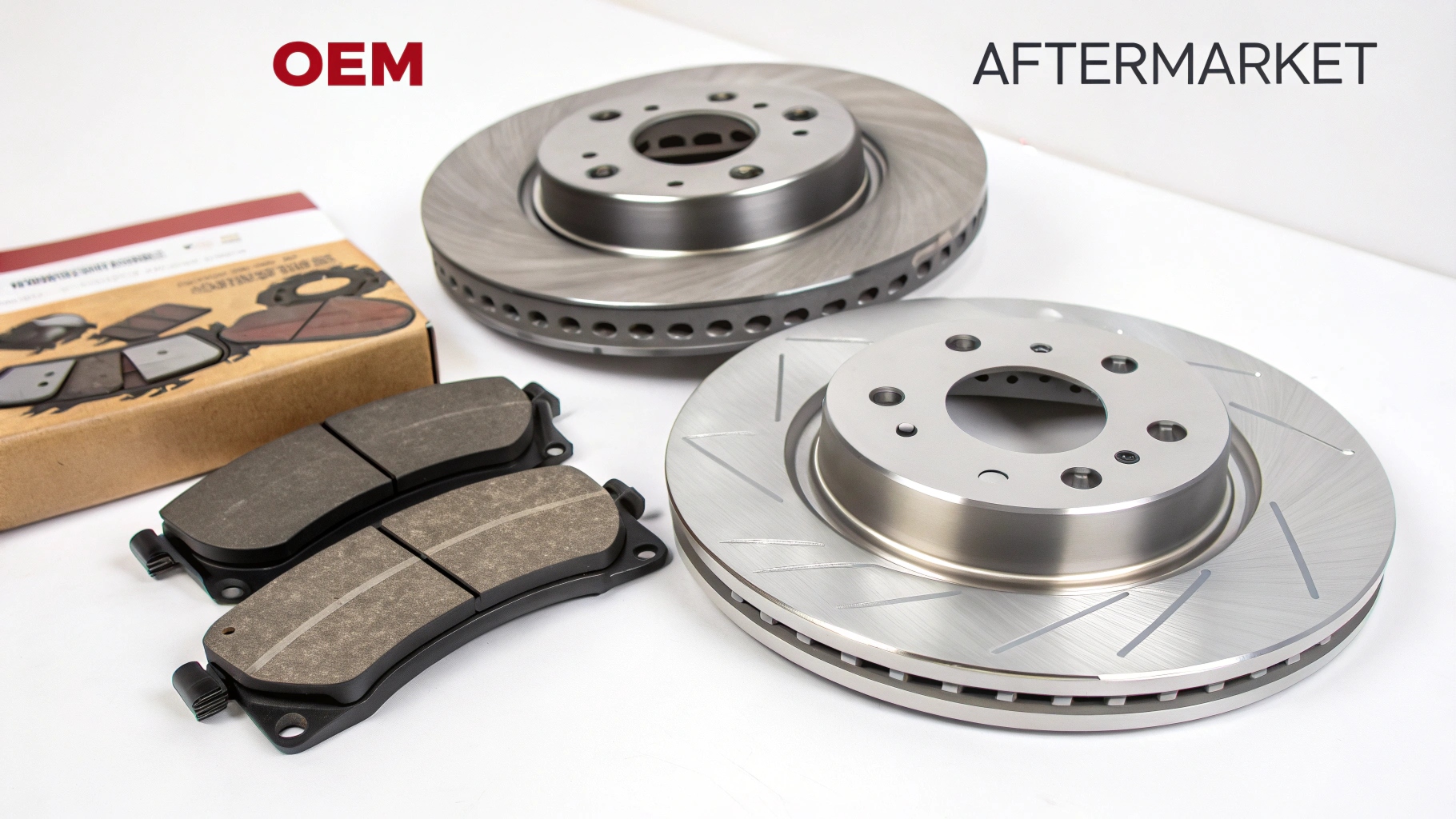 A side-by-side comparison of an OEM and an aftermarket brake rotor