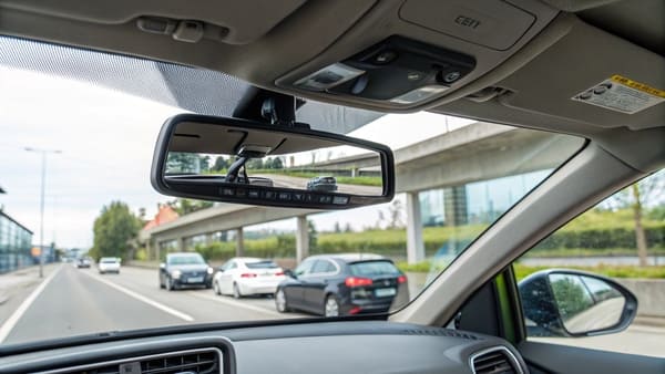 A driver looking into the interior car mirror