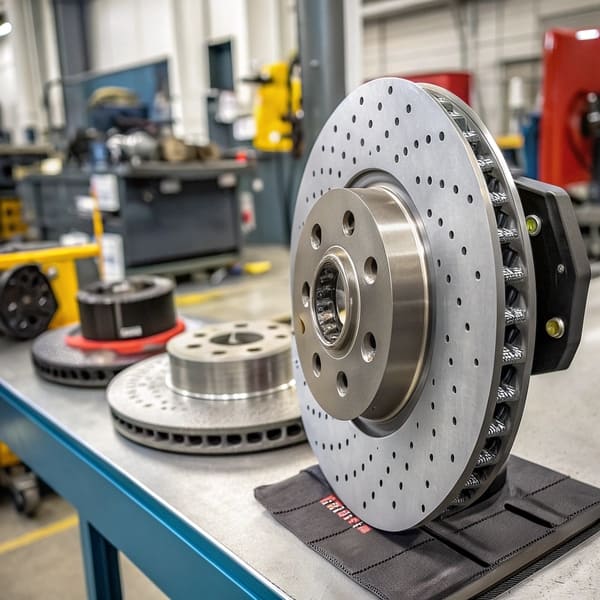A glowing hot brake rotor during a stress test