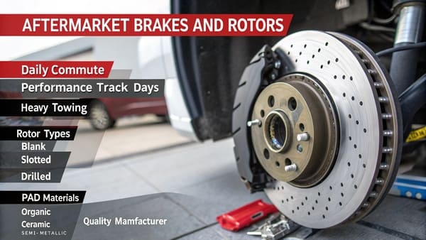 An OEM brake rotor next to an aftermarket slotted rotor