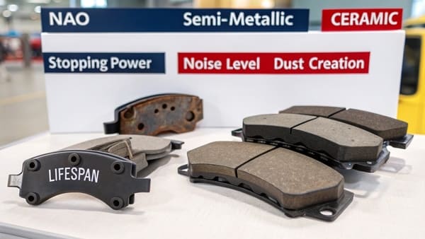 A side-by-side comparison of organic, semi-metallic, and ceramic brake pads.