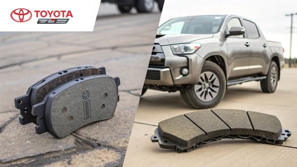 A close-up of the intricate plastic and metal hardware for Toyota brake pads.