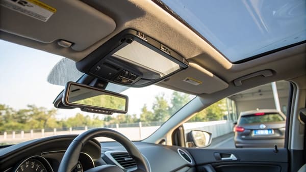 Close-up of a modern auto-dimming rearview mirror.