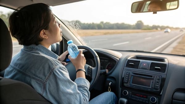 A person touching their sore throat with a car dashboard in the background