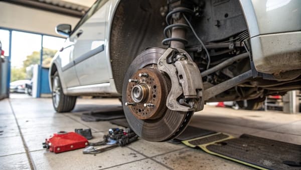 a close-up of a car's front disc brake assembly