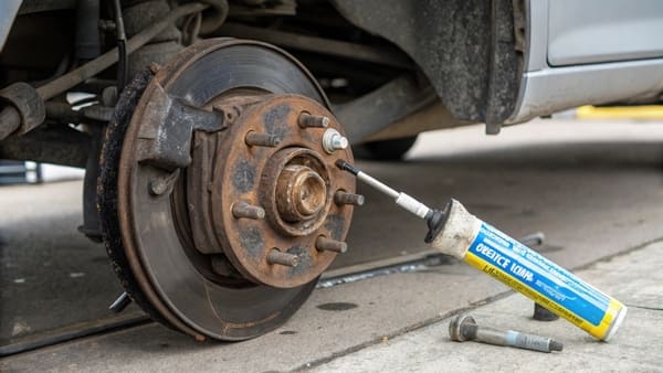 A tube of high-temperature silicone brake caliper pin lube next to a brake caliper.