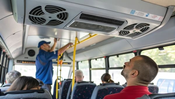 A modern bus air conditioning unit on the roof of a commercial bus