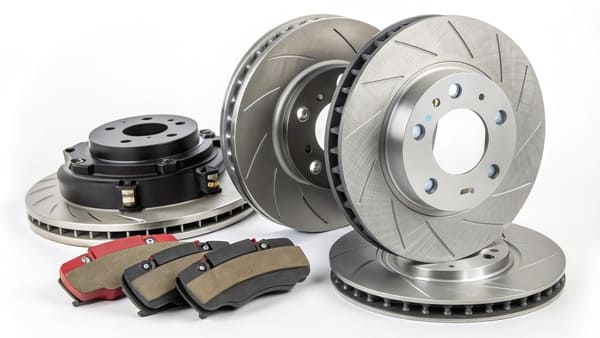 A set of high-performance aftermarket brake rotors and pads