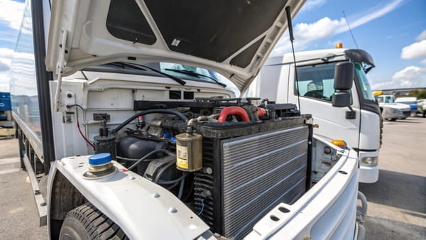 A close-up of a truck's AC compressor and belts