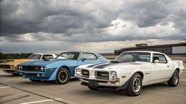 A classic 1970s Pontiac Firebird Trans Am on the road