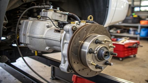 A close-up of a brake master cylinder installed in a car's engine bay.