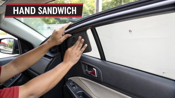 A person using a trim removal tool to pry off a car door panel.