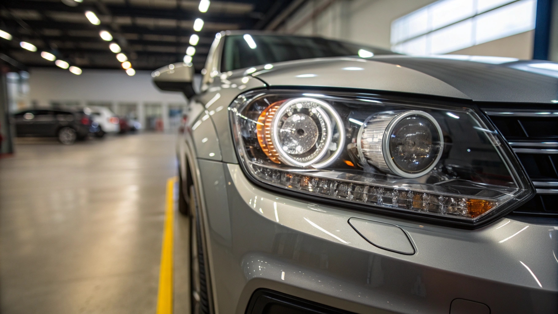 A modern car with sleek composite headlights