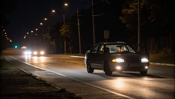 A car pulled over on the side of a dark road with its hazard lights on