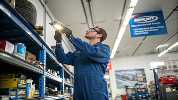 A mechanic inspecting an engine part under a bright light