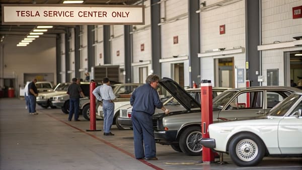 A mechanic holding a Tesla part and looking at a laptop with the VIN lookup page.