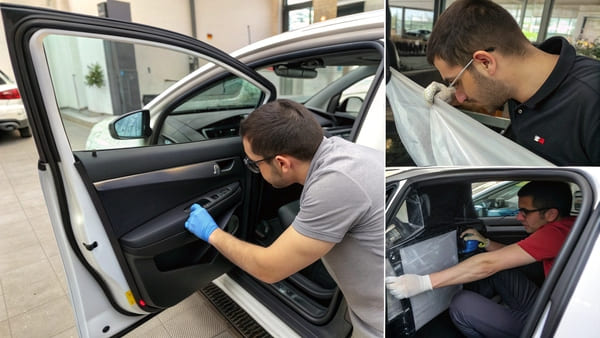 Two hands pressing on either side of a car window, trying to lift it.