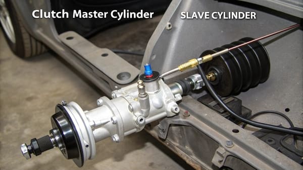 A cutaway view showing the piston and spring inside a clutch master cylinder.