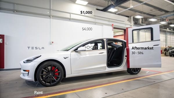 Exploded view of a Tesla Model 3 door assembly