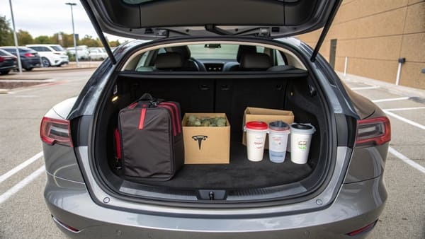 A Tesla Model 3 with the rear seats folded down, showing a large, flat loading area