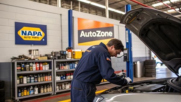 A mechanic working under a car lift in a professional garage