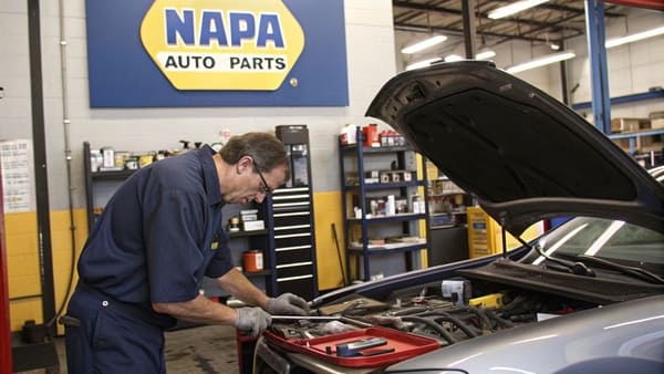 A mechanic working under a car lift in a professional garage