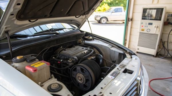 A close-up of an automotive AC compressor installed in an engine bay.