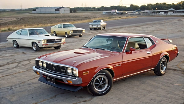 A lineup of popular cars from the 1970s on a street