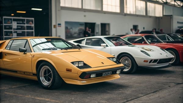 A collection of iconic 1970s cars lined up at a car show.