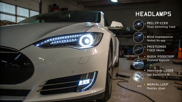 A collection of different Tesla headlamps on a workshop bench
