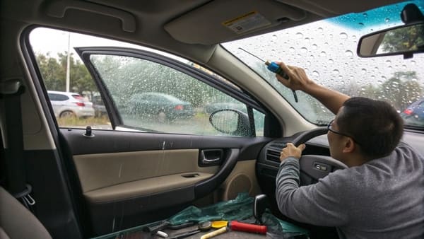 A car door with the interior panel removed, showing the window regulator mechanism.