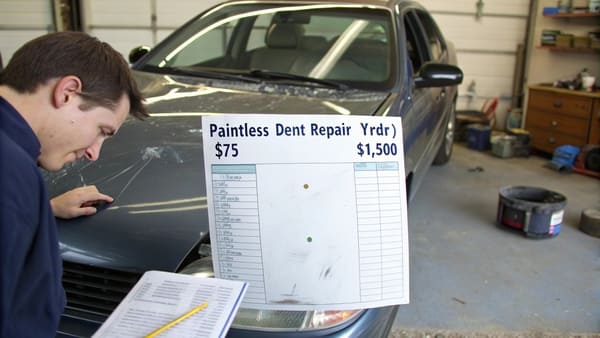 A car hood with a visible dent.