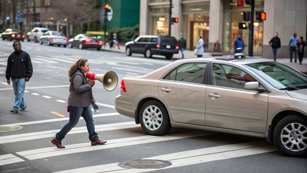 A graphic showing sound waves from a car horn alerting a pedestrian