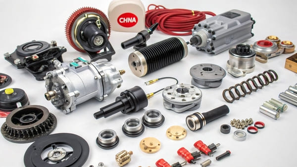 A display of various automotive parts like lighting, electronics, and performance components