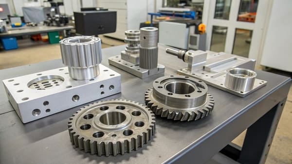 An array of CNC machined engine components on a workshop table