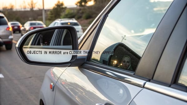 A car's side view mirror reflecting traffic in the next lane
