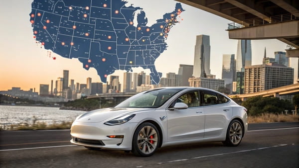 Map of the US highlighting states with the most Teslas