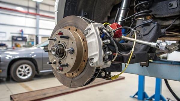 A mechanic inspecting a brake master cylinder for leaks.