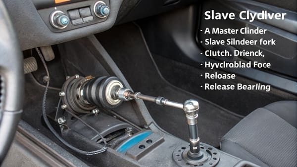 A mechanic pointing to a slave cylinder on a transmission bell housing