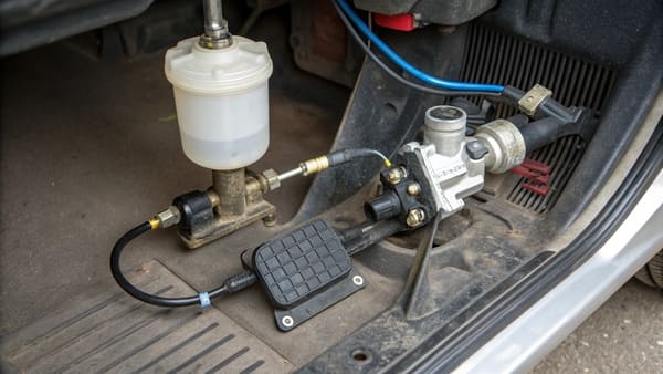 An illustration showing the components of a clutch master cylinder.