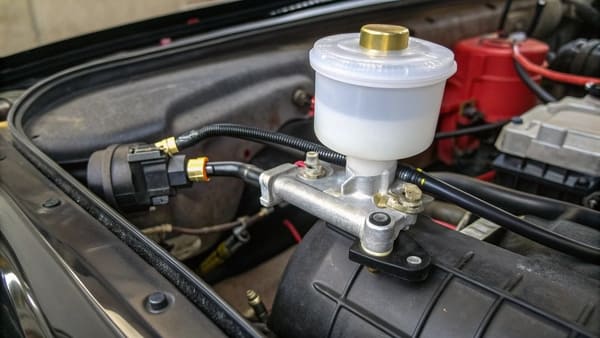 Diagram showing the location of a clutch master cylinder in a car's engine bay.