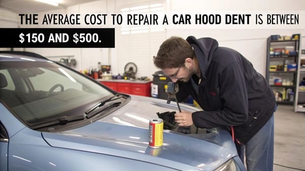 A mechanic inspecting a dent on a car hood.