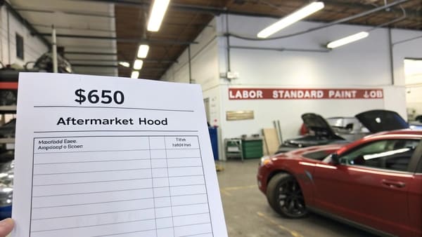 A body shop technician preparing a new car hood for painting.